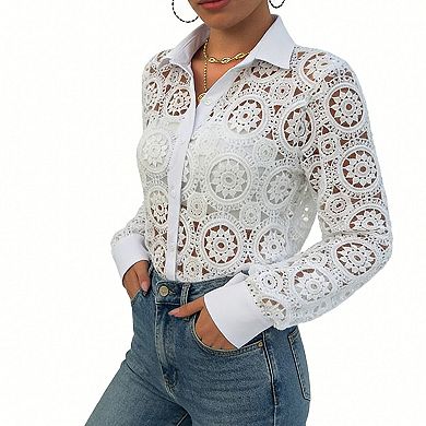 Women's Lace Button Down Shirt, Long Sleeve Sheer Crochet Blouse with Contrast Collar and Cuffs