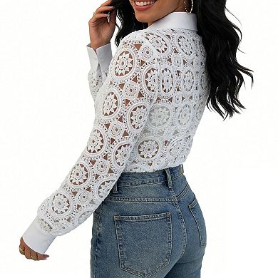 Women's Lace Button Down Shirt, Long Sleeve Sheer Crochet Blouse with Contrast Collar and Cuffs