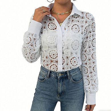 Women's Lace Button Down Shirt, Long Sleeve Sheer Crochet Blouse with Contrast Collar and Cuffs