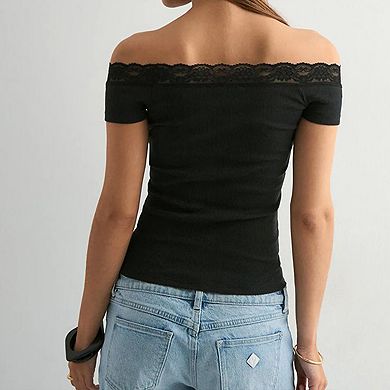 Women's Off-Shoulder Lace Trim Top, Ribbed Knit Ruched Short Sleeve Summer Blouse