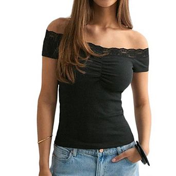 Women's Off-Shoulder Lace Trim Top, Ribbed Knit Ruched Short Sleeve Summer Blouse