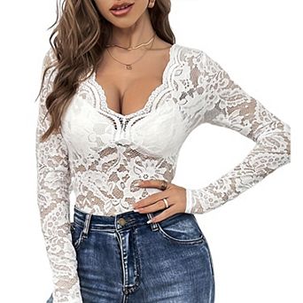 Women's Scalloped Trim Sheer Lace Shirt Long Sleeve Summer Casual Top V Neck Fitted Blouse