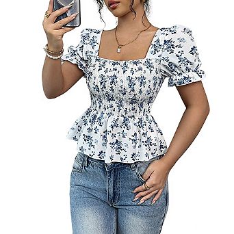 Women's Square Neck Puff Sleeve Floral Smocked Waist Open Back Summer Casual Top