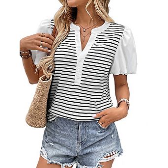 Women's Split V Neck Puff Short Sleeve Striped Print Button Front Relaxed Fit Top