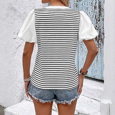 Women's Split V Neck Puff Short Sleeve Striped Print Button Front Relaxed Fit Top