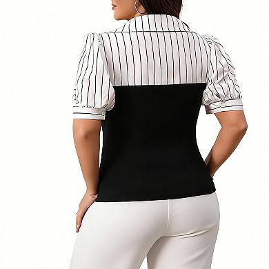 Women's Plus Size Striped Contrast Peplum Top, Puff Sleeve V-Neck Summer Blouse