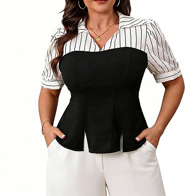 Women's Plus Size Striped Contrast Peplum Top, Puff Sleeve V-Neck Summer Blouse