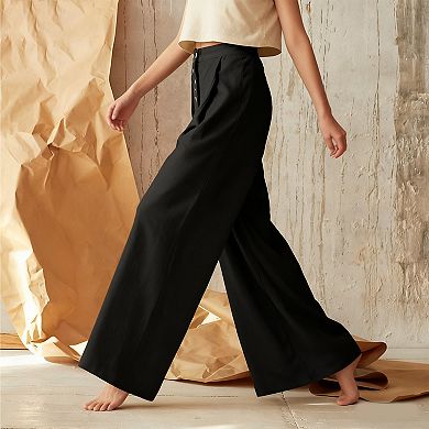 Women's High-Waisted Wide-Leg Comfy Long Pants with Button-Front Detail