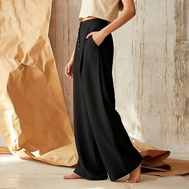 Women's High-Waisted Wide-Leg Comfy Long Pants with Button-Front Detail