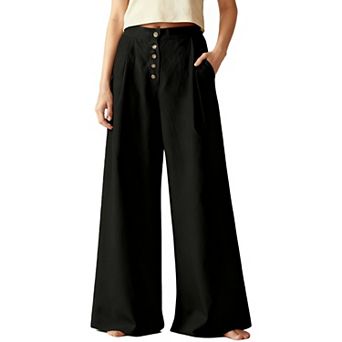 Women's High-Waisted Wide-Leg Comfy Long Pants with Button-Front Detail