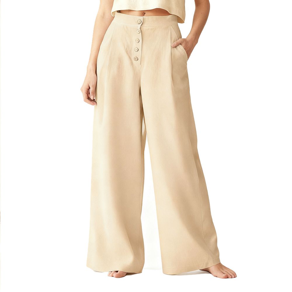 Women's High-Waisted Wide-Leg Comfy Long Pants with Button-Front