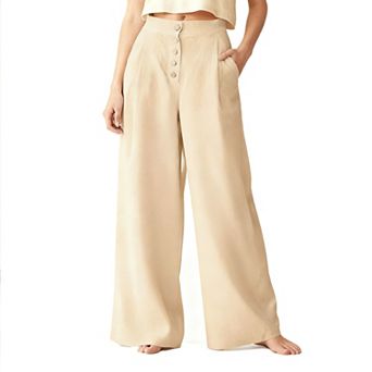 Women's High-Waisted Wide-Leg Comfy Long Pants with Button-Front Detail