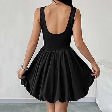 Women's Crew Neck Sleeveless Ribbed Knit Bodice Bubble Hem Casual Mini Dress