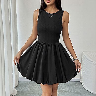Women's Crew Neck Sleeveless Ribbed Knit Bodice Bubble Hem Casual Mini Dress