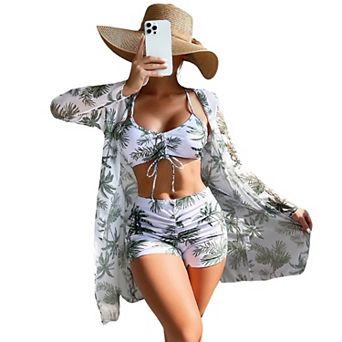 Women's 3 pc Bikini Set with Cover Up Tropical Print Swimsuit with Shorts and Kimono