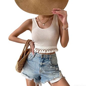 Women's Waffle Knit Crop Tank Top Slim Fitted with Fringe Hem Summer Top Sleeveless Casual Blouse