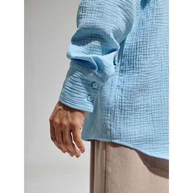 Women's Cotton Button Down Shirt Solid Color Long Sleeve Loose Office Tops Crepe Blouse