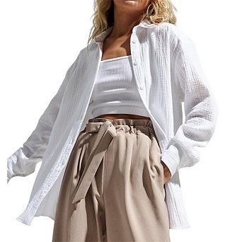Women's Cotton Button Down Shirt Solid Color Long Sleeve Loose Office Tops Crepe Blouse