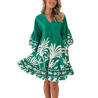 Women's 3/4 Sleeve Dress Casual Boho V Neck Flare Ruffle Hem Loose Swing Summer Dress