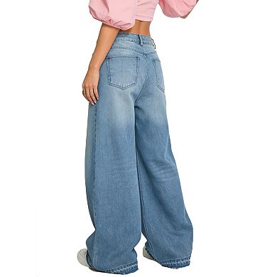Women's High-Waisted Wide-Leg Jeans, Distressed Baggy Denim Trousers