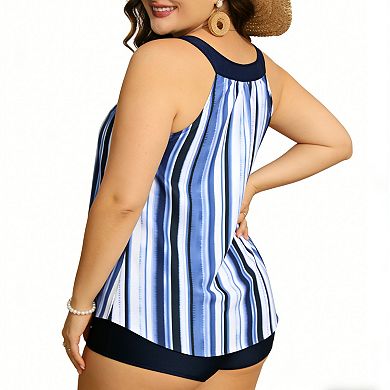 Women's Tie-Dye Halter Tankini Set, Ruched Tummy Control Two-Piece Swimsuit