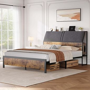 Bed Frame with Upholstered Headboard & Charging Station, Platform Bedframe with 4 tier Storage Space