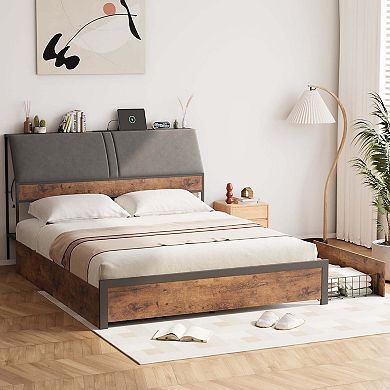 Bed Frame with Upholstered Headboard & Charging Station, Platform Bedframe with 4-Tier Storage Space