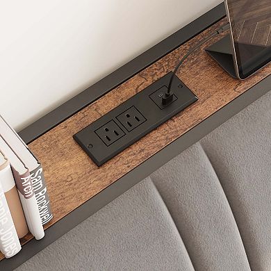 Bed Frame with Upholstered Headboard & Charging Station, Platform Bedframe with 4-Tier Storage Space