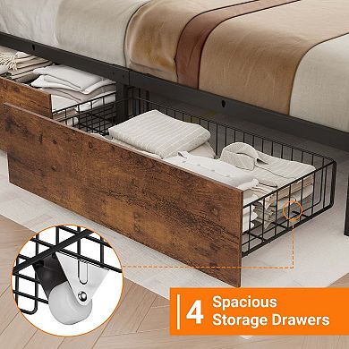 Bed Frame with Upholstered Headboard & Charging Station, Platform Bedframe with 4-Tier Storage Space