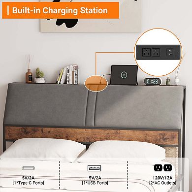 Bed Frame with Upholstered Headboard & Charging Station, Platform Bedframe with 4-Tier Storage Space