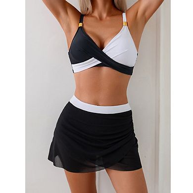 Women's V Neck Twist Front Adjustable Straps Bikini Set with Skirt Cover Up