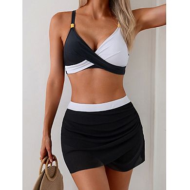 Women's V Neck Twist Front Adjustable Straps Bikini Set with Skirt Cover Up