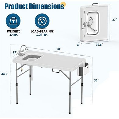 Folding Fish Cleaning Table with Sink and Hose Hookup 50 Inch Outdoor Camping Sink Table