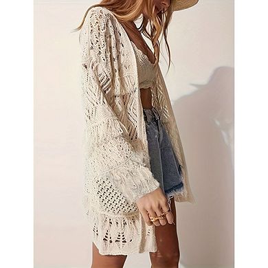 Womens Crochet Cardigan Sweater Boho Solid Color Oversized Spring Open Front Outwear