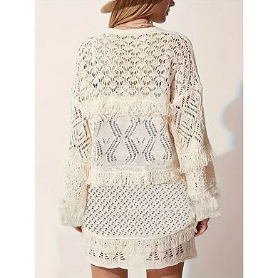 Womens Crochet Cardigan Sweater Boho Solid Color Oversized Spring Open Front Outwear