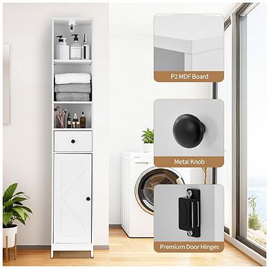 Narrow Tall Bathroom Storage Cabinet with Drawer and Open Shelf