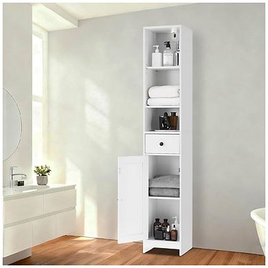 Narrow Tall Bathroom Storage Cabinet with Drawer and Open Shelf