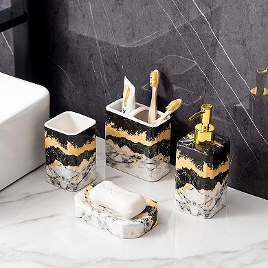 4-Piece Marble Bathroom Set Dispenser Holder Tumbler Dish