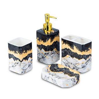 4 pc Marble Bathroom Set Dispenser Holder Tumbler Dish