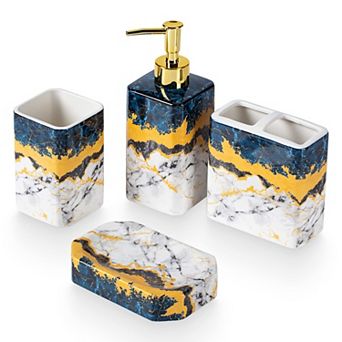 4 pc Marble Bathroom Set Dispenser Holder Tumbler Dish