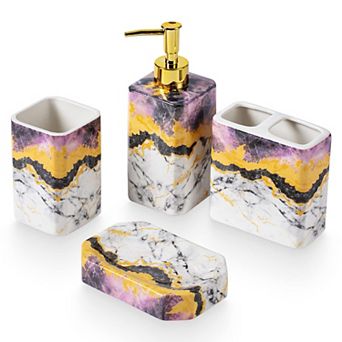 4 pc Marble Bathroom Set Dispenser Holder Tumbler Dish