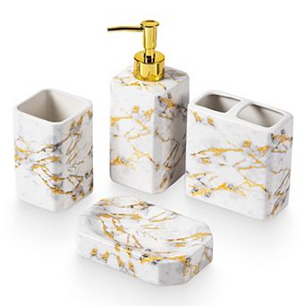 4 pc Marble Bathroom Set Dispenser Holder Tumbler Dish