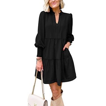 Womens Fall Long Sleeve Tunic Dress Casual V Neck Loose Ruffle Tiered Dress A-Black