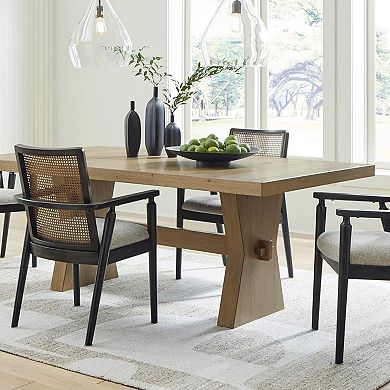 Dining Table with Extra-Thick Tabletop and Trestle Base, Light Brown