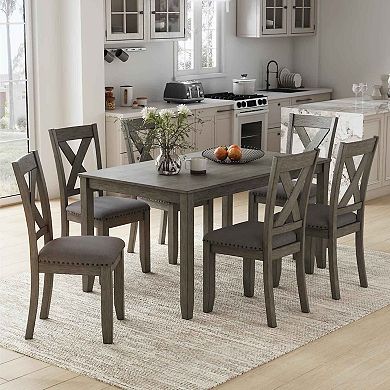 7‑Piece Dining Set Rectangular Gray Farmhouse Table & 6 Upholstered Chairs