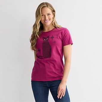 Women's Black Cat Short Sleeve Graphic Tee with Rhinestones