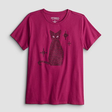 Women's Black Cat Short Sleeve Graphic Tee with Rhinestones