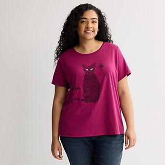 Plus Size Black Cat Short Sleeve Graphic Tee with Rhinestones