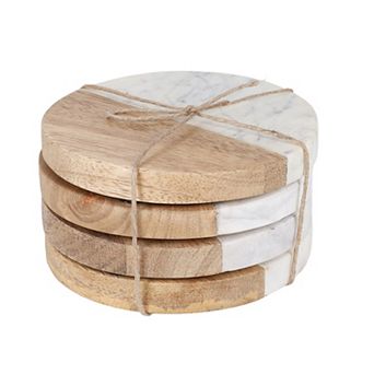 Mingle & Co. 4 pc Marble & Wood Round Coaster Set