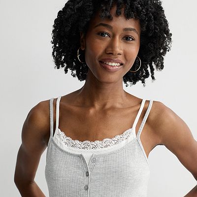 Juniors' Pink Republic Ribbed Lace Trim Twofer Tank Top